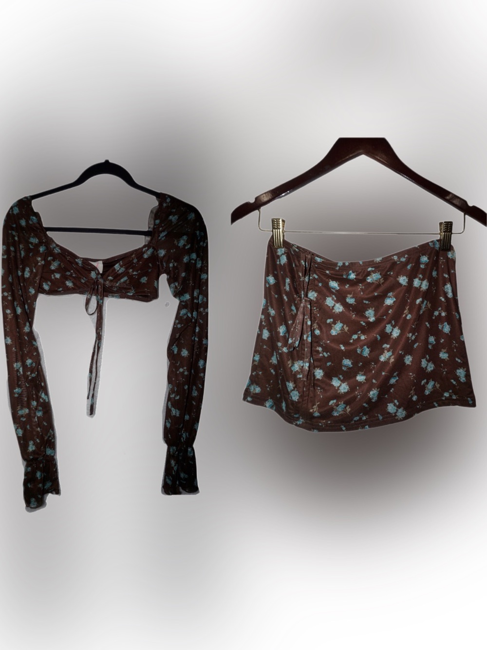 Dolls Kill Brown & Light Blue Floral Tie-Front Crop Top and Mini Skirt Set